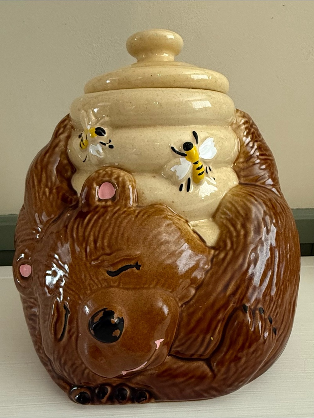 Vintage McCoy Pottery Sleep Bear with Beehive Ceramic Cookie Jar